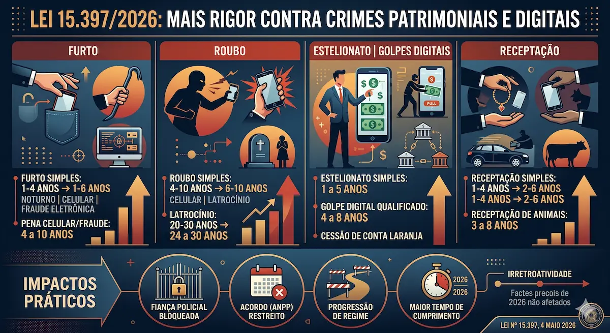Lei 15.397/2026: o que muda nos crimes de furto, roubo, estelionato e golpes digitais